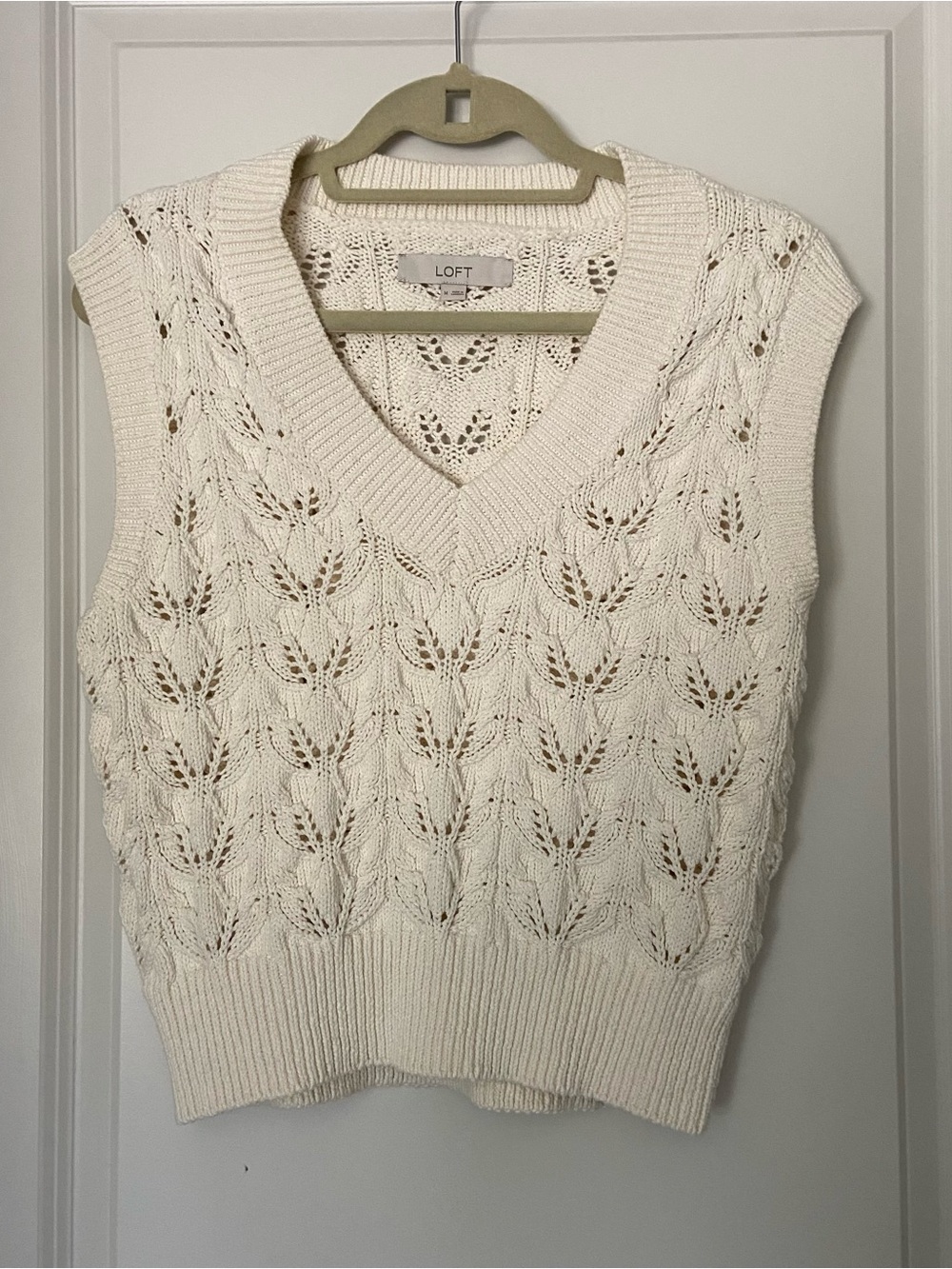 LOFT Cream Open-Stitch V-Neck Cable Knit Sweater Vest